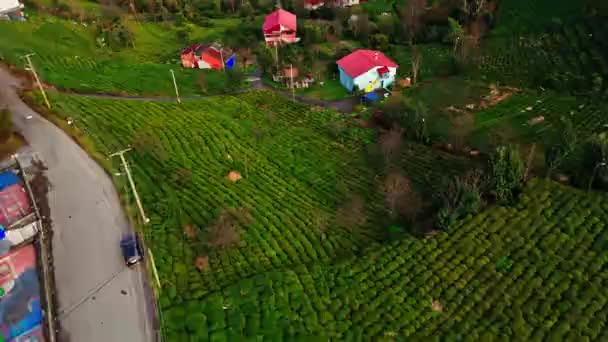 上から見事なビジュアルをキャプチャするセレン 2024年3月20日に山上の小さな村の家の鳥の目ガリプスで撮影されました — ストック動画