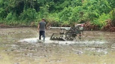 Kotabaru, Güney Kalimantan 26 Şubat 2024 Endonezya. El traktörleri çiftçilerin pirinç tarlalarında çalışmasını kolaylaştırıyor..