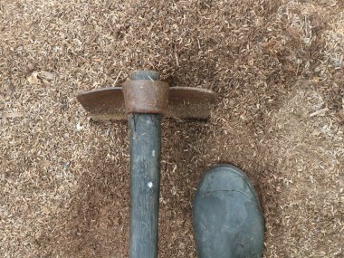 Çimlerde paslı bir çekiç. Ziraat kavramı