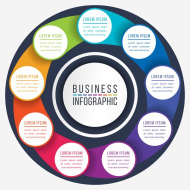 Business Infographic Circle tasarımı 9 adım, nesneler, seçenekler veya iş bilgileri renklidir