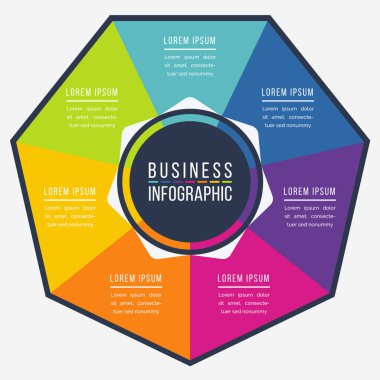 Business Infographic Circle tasarımı 7 adım, nesneler, seçenekler veya iş bilgileri renklidir