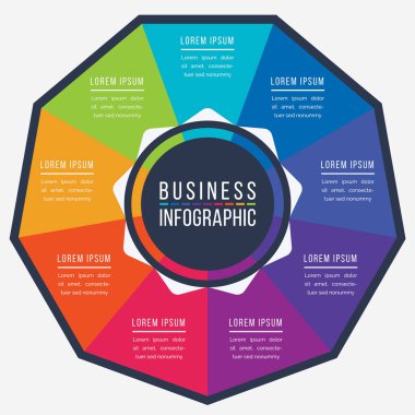 Business Infographic Circle tasarımı 9 adım, nesneler, seçenekler veya iş bilgileri renklidir