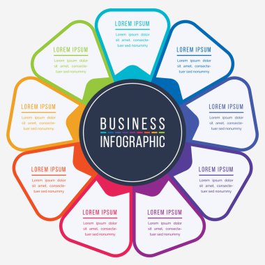 Business Infographic Circle tasarımı 9 adım, nesneler, seçenekler veya iş bilgisi renklendirilmiş elementler
