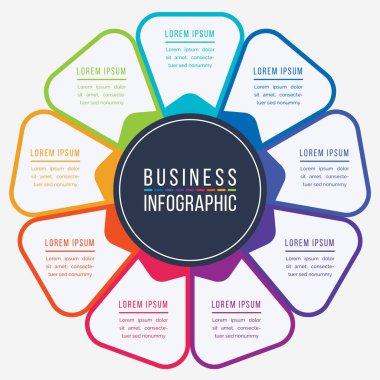 Business Infographic Circle tasarımı 9 adım, nesneler, seçenekler veya iş bilgisi renklendirilmiş elementler