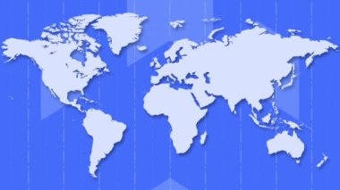 Canlandırılmış döngü animasyonu olan düz dünya haritası arkaplanı mavi dünya haritası.
