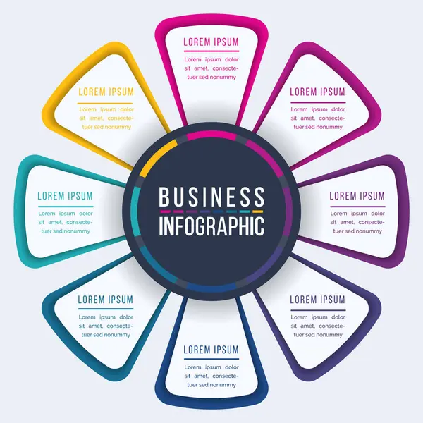 Infographic tasarım 8 Adımlar, nesneler, ögeler veya seçenekler ticari bilgi bilgileri için renkli şablon