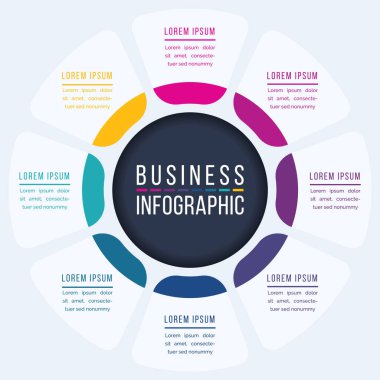 8 Seçenek Bilgi çemberi tasarımı 8 adım, nesneler, elementler veya seçenekler iş bilgisi bilgi bilgi şablonu