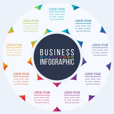 Çember Bilgisel Tasarım 9 adım, nesneler, elementler veya seçenekler bilgi iş şablonu