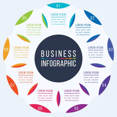 Çember Bilgisel şablon 9 adım, nesneler, elementler veya seçenekler bilgi iş tasarımı