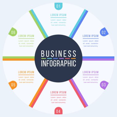 Daire İş Bilgileri Tasarımı 6 adım, nesneler, ögeler veya seçenekler bilgi iş çemberi şablonu