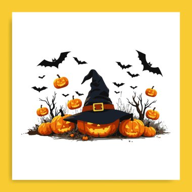 pumpkin and bat vector illustration, scary halloween, watercolor, clipart clipart