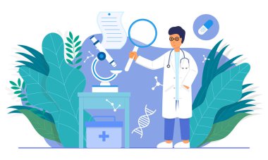 Doktor muayene için bir büyüteç tutuyor.