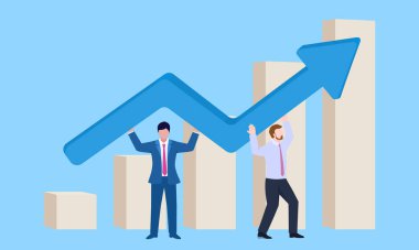 Yükselen bir oku kaldırmak için birlikte çalışan iki kişi.