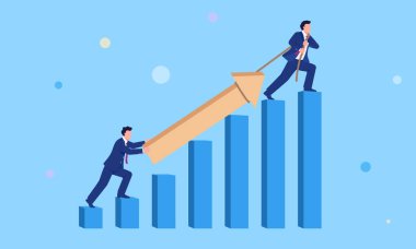 İki kişi daha yüksek bir yere ulaşmak için oku itmek ve çekmek için birlikte çalışır. Başarılı iş, yatırım büyümesi ve büyüme kavramı. düz vektör illüstrasyonu.