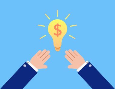 Fikir, parlayan bir ampulü tutan bir el. Gelir ve vektör illüstrasyonunu artırma stratejileri