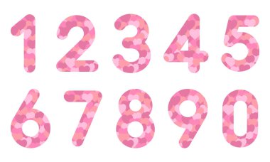 Beyaz bir arkaplanda izole edilmiş kalp şekilli dokulara sahip sayılar kümesi