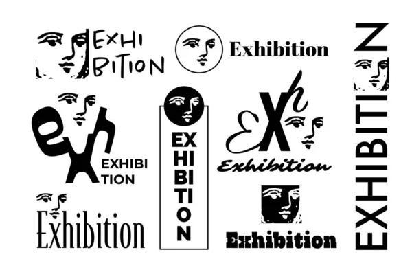 展覧会ロゴのシンプルなミニマルなデザイン レトロな女の顔 ベクターイラスト — ストックベクタ