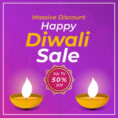 % 50 indirimli Diwali Satış Banner. Büyük İndirim. Çizim Vektörü. Mutlu Deepawali 'ler. Yüzen Diya. Mutlu bayramlar..