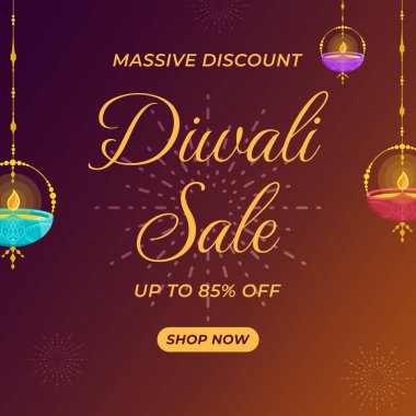 Güzel Diya 'lı Diwali Satış Bayrağı ve% 85' e varan indirim. Deepawali Satışı. Büyük İndirim. Vektör İllüstrasyonu. Alışveriş yap. Işıklar Festivali. % 85 indirim..