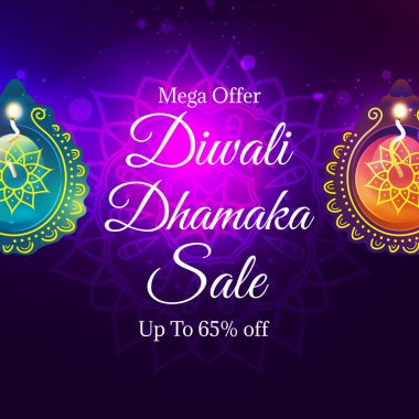 Diwali Dhamaka Satışı% 65 indirimli. Deepawali Teklifi. Mega Teklif. Mutlu bayramlar. Vektör İllüstrasyonu.