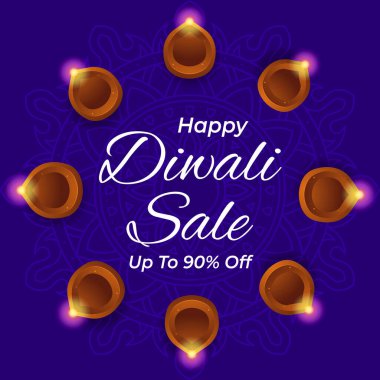 Dairesel Diya ile% 90 indirimli Diwali indiriminiz kutlu olsun. Çizim Vektörü. Deepawali Satışı. Alışveriş Şimdi.