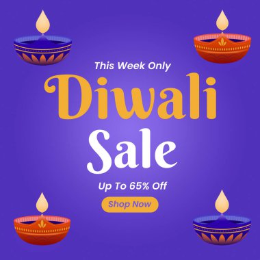 Diwali Mor Arkaplan 'da indirimli pankart. % 65 indirimli. Sadece bu hafta. Vektör İllüstrasyonu. Alışveriş Şimdi.