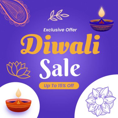 Diwali 'nin Beyaz ve Mor Arkaplanda Güzel Tasarım, Diya ve disk satışlarında% 15' e varan indirimler var. Vektör. Mutlu Deepawali 'ler. İllüzyon. Özel Teklif.