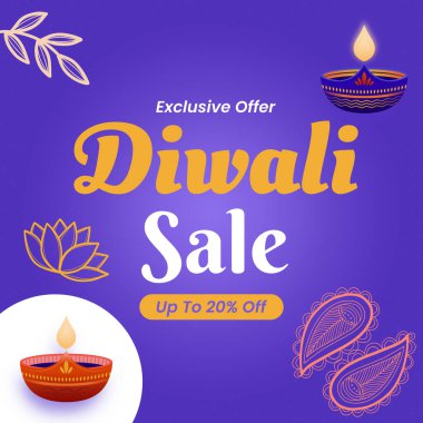 Diwali Satış afişi Beyaz ve Mor Arka plan Güzel Tasarım, Diya ve% 20 indirimli. Özel bir teklif. Vektör İllüstrasyonu.