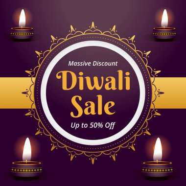 % 50 indirimli Diwali Satış Banner. Büyük İndirim. Vektör İllüstrasyonu. Mutlu Deepawali.