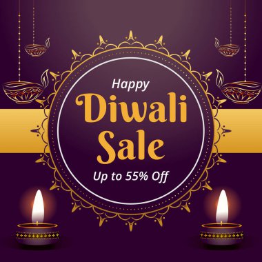 Mutlu Diwali Satış Bannerları% 55 indirimli. Deepawali Satışı. Vektör İllüstrasyonu. Asma Diya Tasarımı.