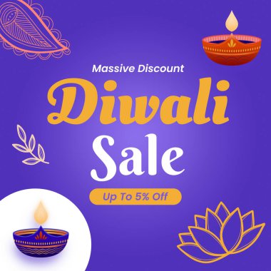 Diwali 'nin Beyaz ve Mor Arkaplanda Güzel Tasarım, Diya ve% 5' e varan indirimli pankartı. Vektör. Mutlu Deepawali 'ler. Büyük İndirim.
