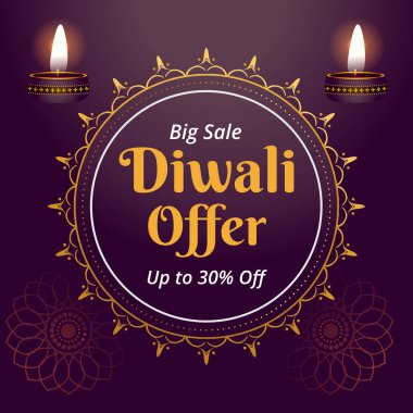 Diwali Güzel Diya ile Bayrak Teklif Et ve% 30 'a kadar disk. Büyük indirim. Çizim Vektörü. Mutlu Deepawali.