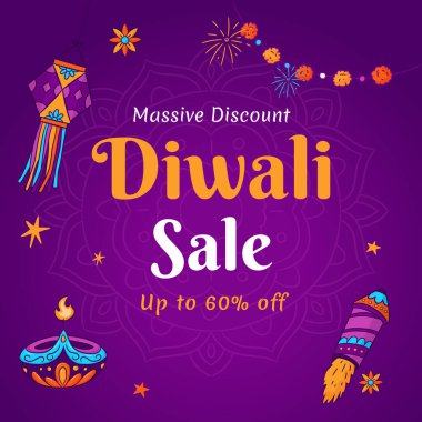 Diwali Satış afişi Güzel Diya, Roket ve Uçan Lamba Tasarımı ile birlikte. Büyük İndirim. Vektör İllüstrasyonu. % 60 'a kadar indirimde..