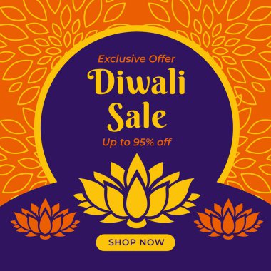 Lotus Tasarımlı Diwali Satış Pankartı. Özel bir teklif. Vektör İllüstrasyonu. Alışveriş yap. % 95 indirimli..