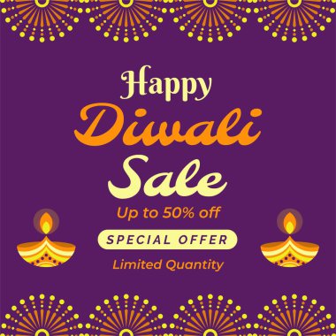 Geleneksel Diwali Satış Bayrağı ve Diya yağı. % 50 indirimli. Özel bir teklif. Çizim Vektörü. Mutlu Deepawali 'ler. Vektör Tasarımı. Sınırlı Miktar.