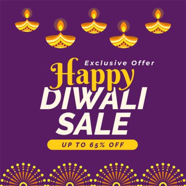 % 65 indirimli Diwali Satış Bannerınız kutlu olsun. Özel bir teklif. Çizim Vektörü. Mutlu Deepawali 'ler. Yüzen Diya.