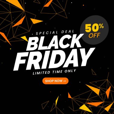 Kara Cuma indirimli Kara Arkaplan Afişi% 50 indirimli. Özel anlaşma. Sınırlı Öge Sadece. Vektör illüstrasyonu.