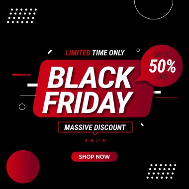 % 50 indirimli, kırmızı siyah pankartlı Kara Cuma indirimi. Sadece sınırlı zaman. Büyük İndirim. Vektör çizimi. % 50 indirim..