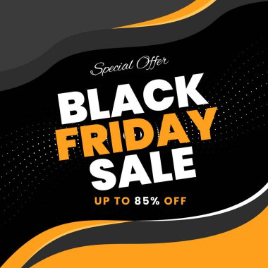 Kara Cuma indirimi% 85 'e çıktı. Vektör çizimi. Kara Cuma sarısı ve siyah soyut satış afişi. Özel Teklif.