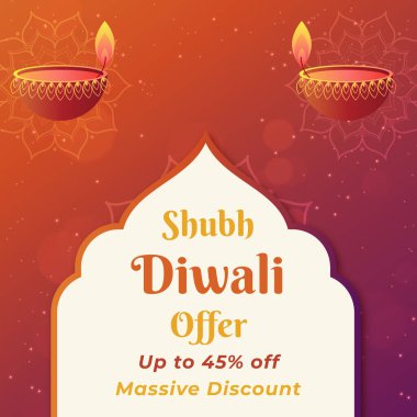 Shubh Diwali bayrağı% 45 indirimli. Vektör İllüstrasyonu. Büyük İndirim. Işık, mum ve havai fişeklerle Diwali arka plan tasarımı. % 45 'e kadar indirimli..