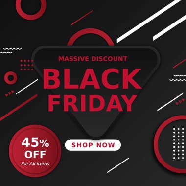 Black Friday Sale in Red Black Banner. 45% off For All Items. Vector illustration. Massive Discount. Shop Now. clipart