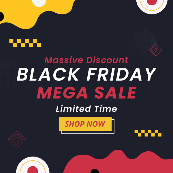 Black Friday Mega Sale in Black Banner. Огромная скидка. Ограниченное время. Векторная иллюстрация. Рекламный фон для Черной пятницы. Магазин сейчас. 