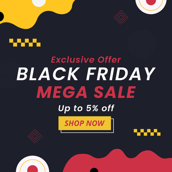 Баннер Black Friday Sale в Черном Знамени со скидкой до 5%. Эксклюзивное предложение. Мега Сале. Векторная иллюстрация. Магазин сейчас.