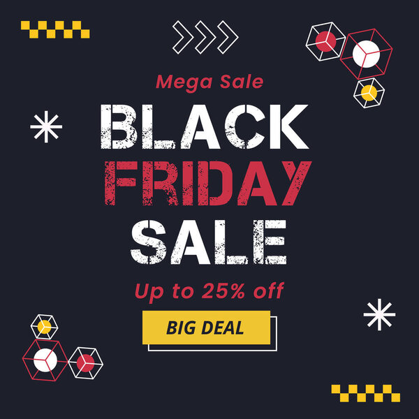 Черная пятница распродажа в черном баннере со скидкой до 25%. Большая сделка. Мега Сале. Векторная иллюстрация.