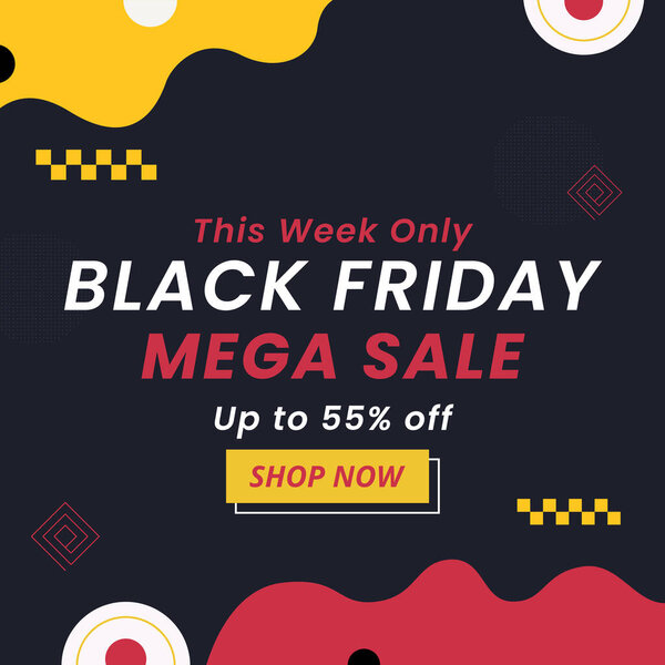 Баннер распродаж "Черная пятница" со скидкой до 55%. Только в эти выходные. Векторная иллюстрация. Магазин. Mega Sale. 