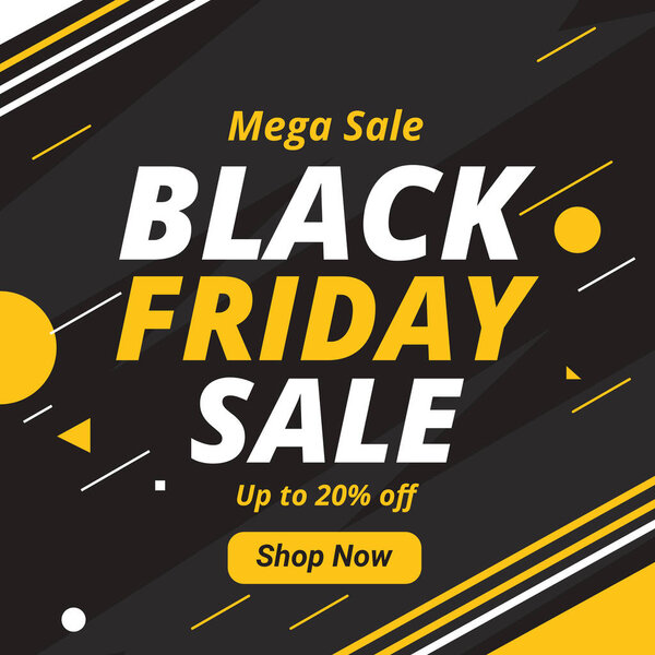 Черная пятница распродажи с желтым черным баннером со скидкой до 20%. мега-распродажа. Делай покупки. Векторная иллюстрация. 