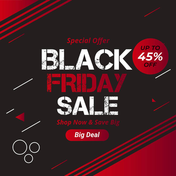 Black Friday Sale Banner in Red Black color With Up to 45% off. Special Offer. Vector illustration. Shop Now and Save Big. Big Deal.