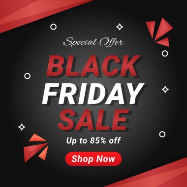 % 85 'e varan indirimli, Kırmızı Siyah Arka plan' da Kara Cuma Afişi. Özel bir teklif. Vektör çizimi. Alışveriş Şimdi.