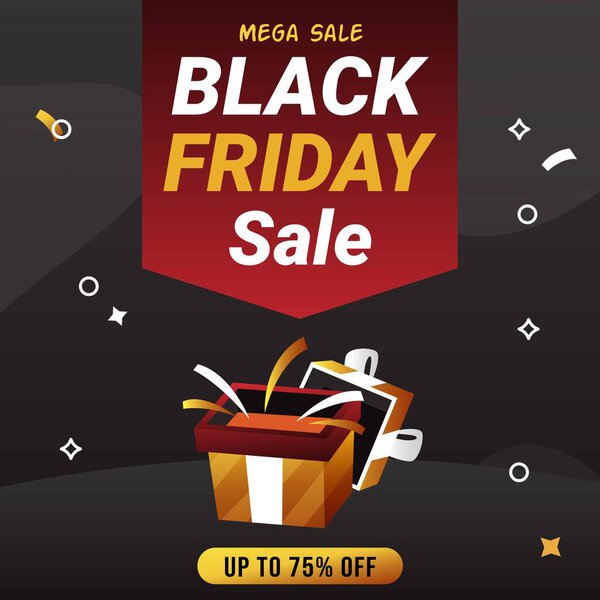 Баннер распродаж "черной пятницы" со скидкой до 75%. иллюстрация. Вектор. Черная пятница плакат для социальных медиа объявлений. Скидка 75%. Мега Сале. Подарочная коробка.