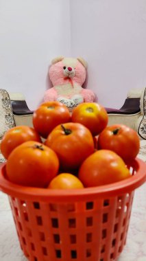 Oyuncak ayı domatesli bir tabağın önünde oturuyor. Taze domates sebzeler, çiftlik organik vektörü. Doğa arka planında sepetteki olgun domatesler..